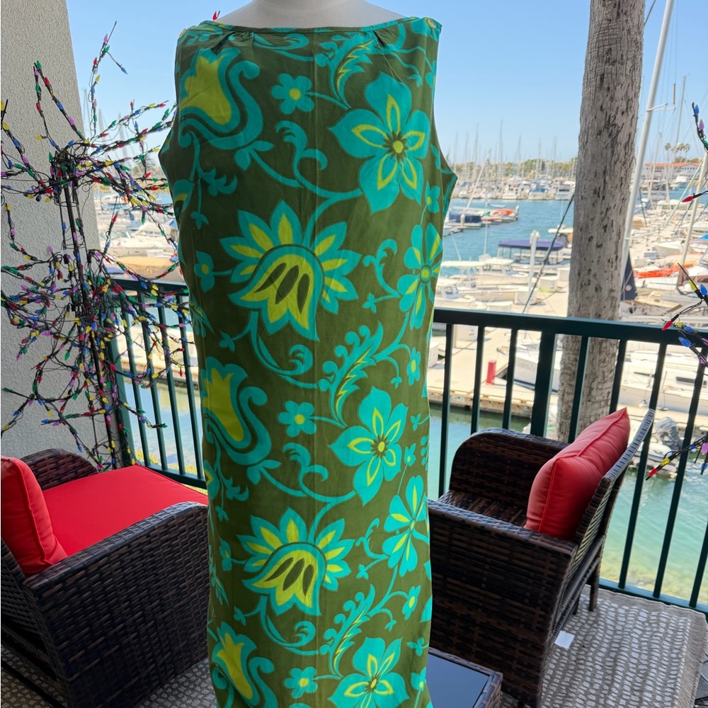 Vintage Green Maxi Dress with Aqua and Yellow Floral Print